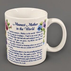 Ganz Mugz Meanest Mother in the World Floral Ceramic Coffee Mug White, Chipped.